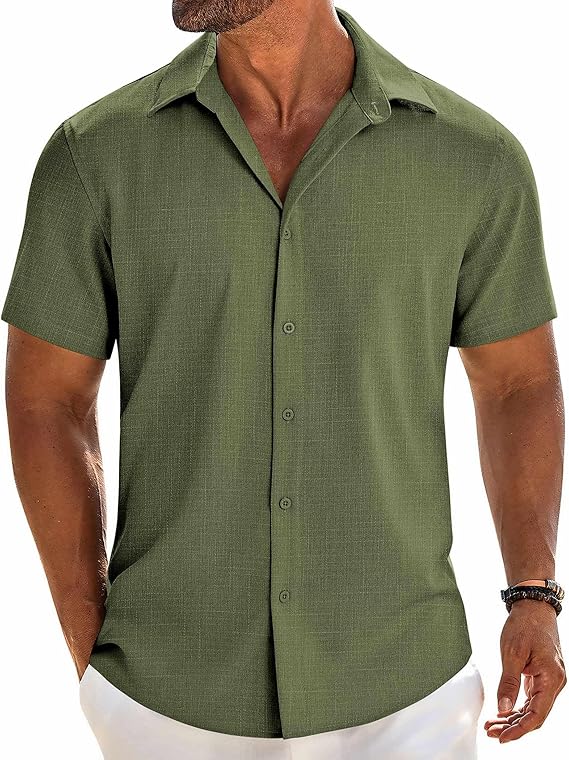 Olive green linen short sleeve button down shirt for men casual beach summer top for family portraits