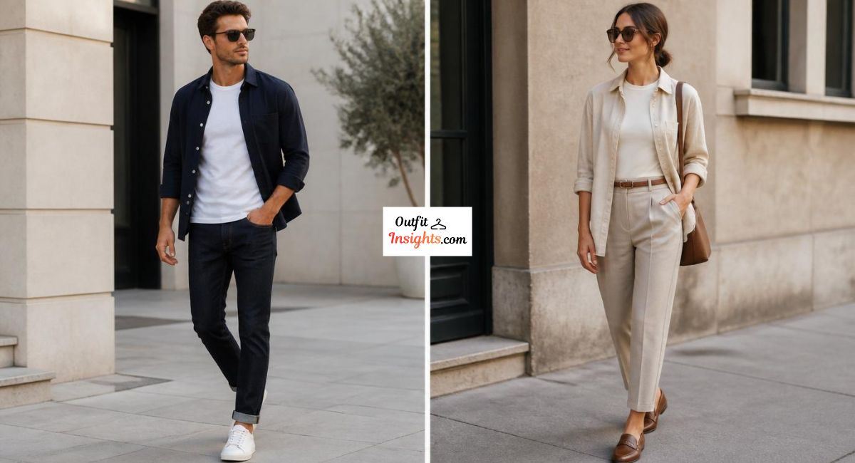Man and woman styling T-shirts with open overshirts to demonstrate the open layer principle.