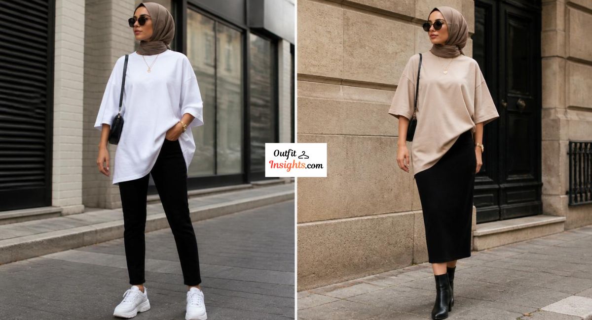Woman wearing oversized T-shirts styled with fitted jeans and a fitted midi skirt for balanced proportions.