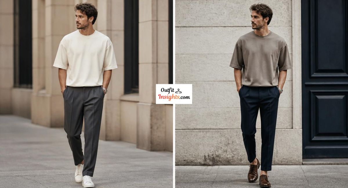 Man styling oversized T-shirts with tailored trousers in two modern menswear outfit combinations.