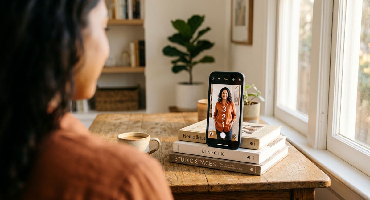how to take good pictures by yourself - phone timer mode with books as tripod