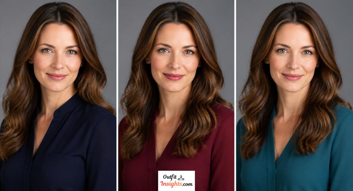 what to wear for a professional headshot female showing how clothing colors coordinate with hair and makeup