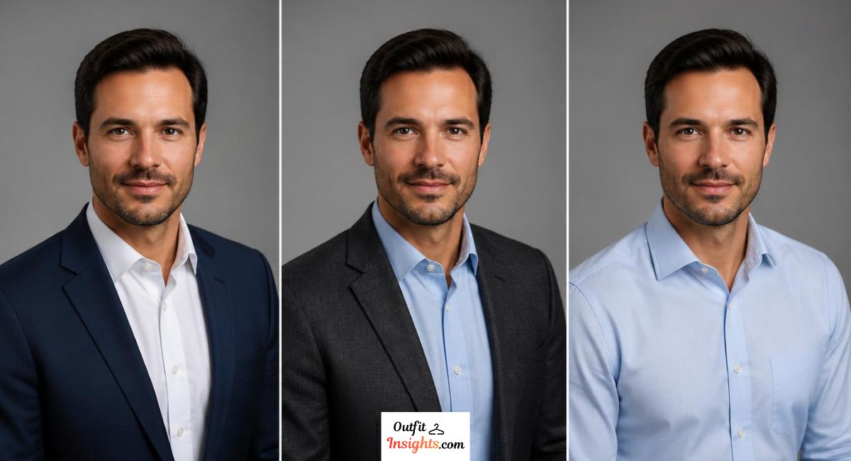 what to wear for a professional headshot showing professional suit blazer and dress shirt options for men