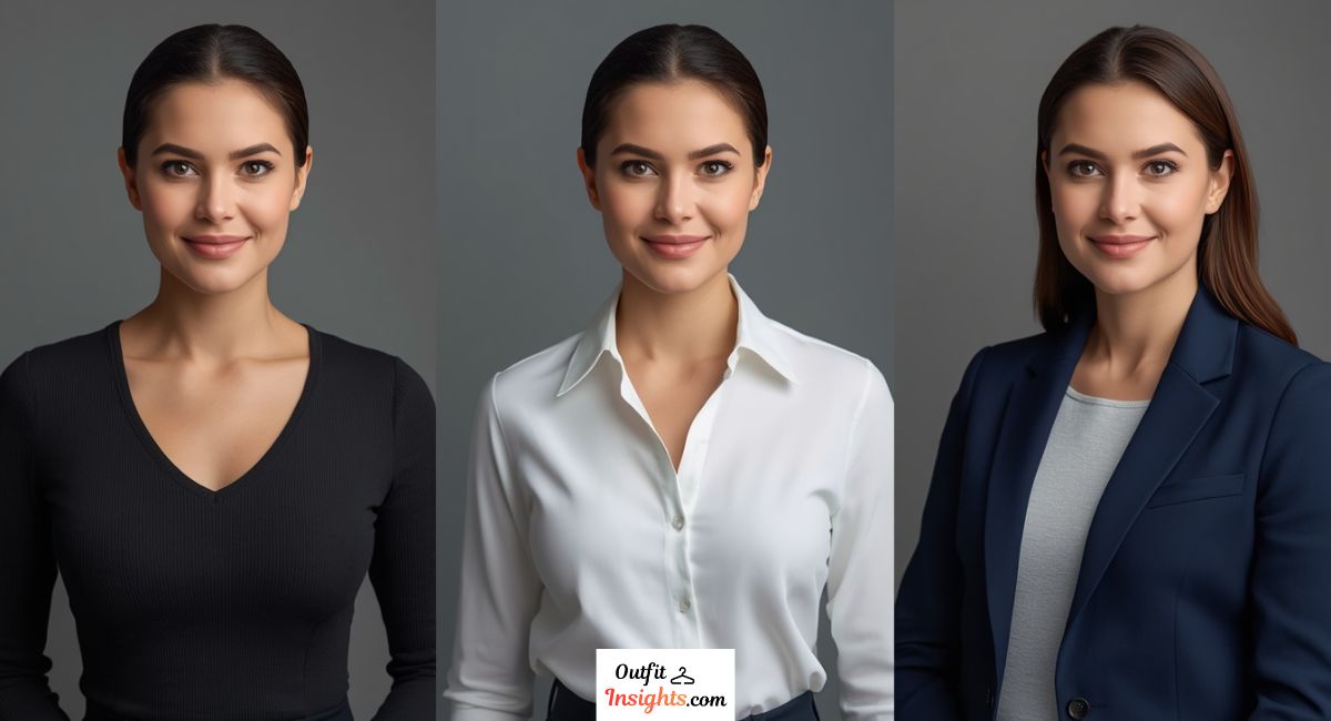 what to wear for a professional headshot female showing a comparison of professional tops blouses and blazers for women