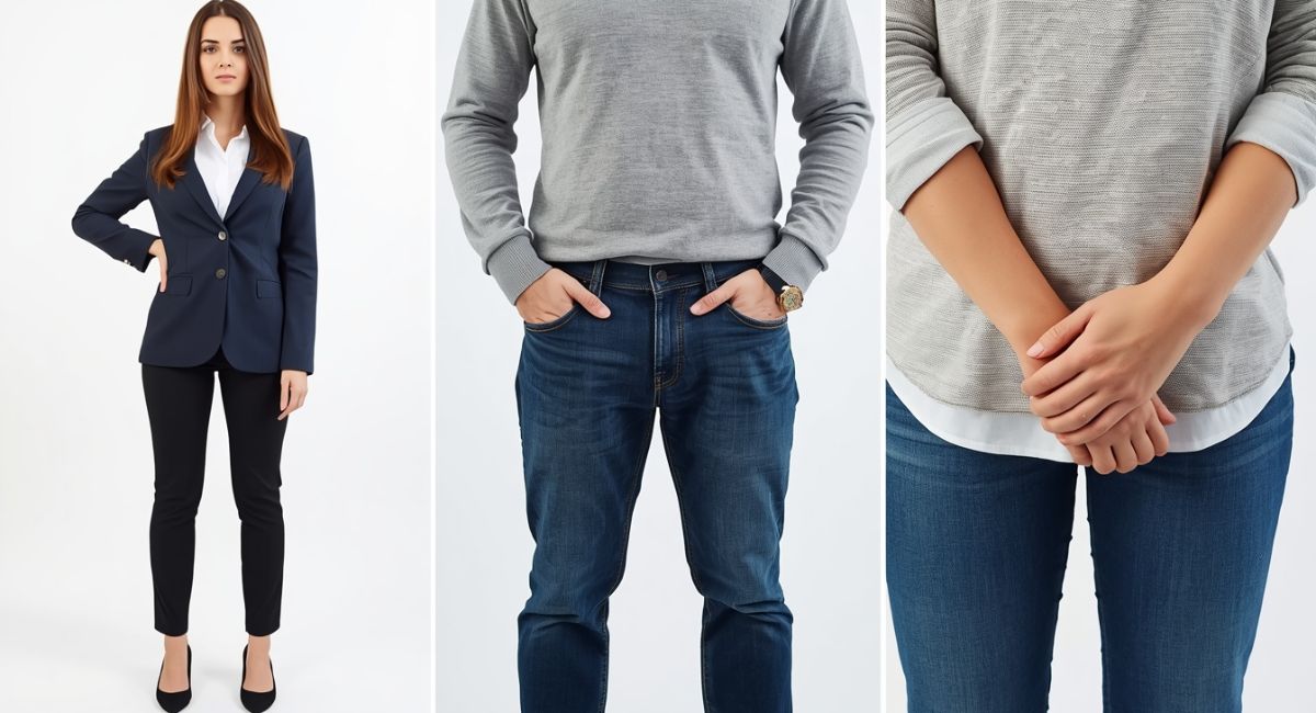 collage showing three hand placement examples hand on hip hands in pockets and hands clasped in front for professional photos