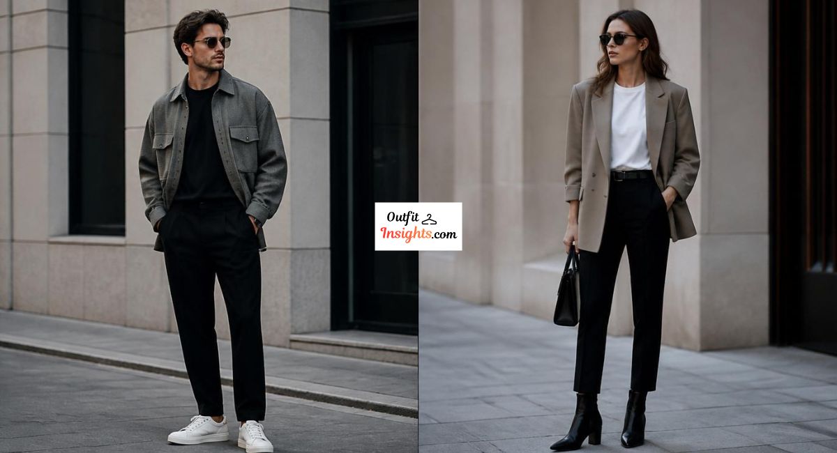 Man and woman demonstrating proportion and volume contrast when layering T-shirts with oversized outerwear.