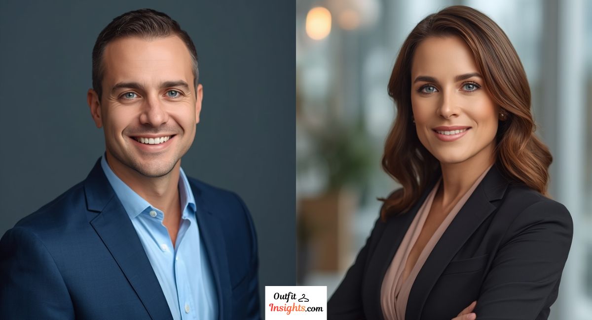 what to wear for professional headshots in real estate and sales featuring approachable business attire for men and women