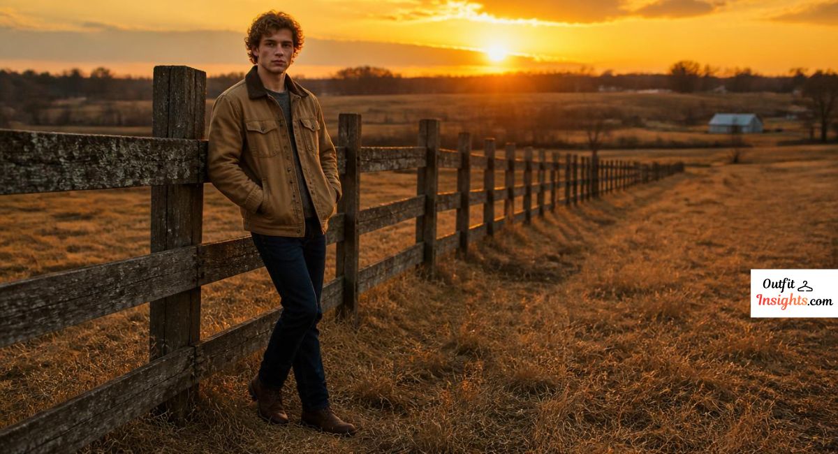 Men senior picture ideas featuring a country-style senior portrait with a rustic fence, boots, and rural landscape.