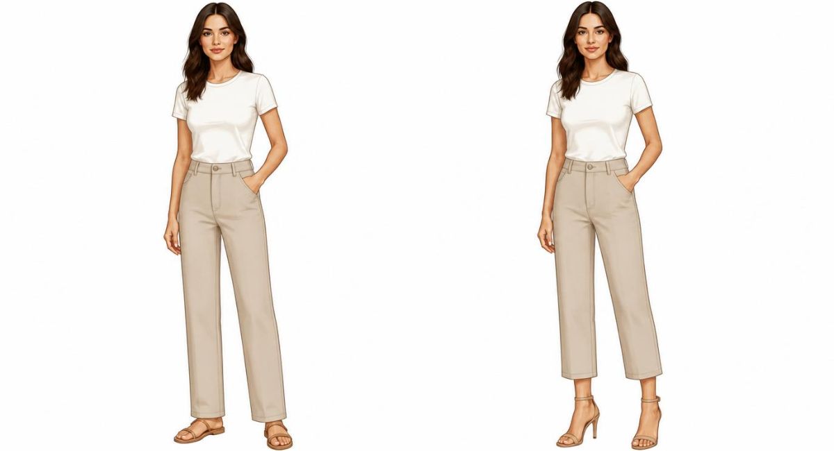 split comparison same pants on 5'6 woman with flat sandals hem sits at ankle versus with heels same pants look too short