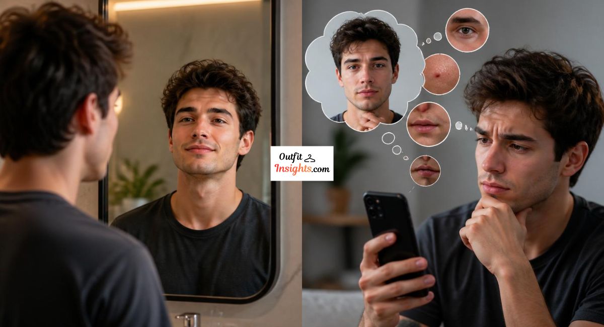 Split-screen illustration showing a person confidently viewing themselves in a mirror while feeling disappointed when looking at a photograph of the same face, representing self-enhancement bias.