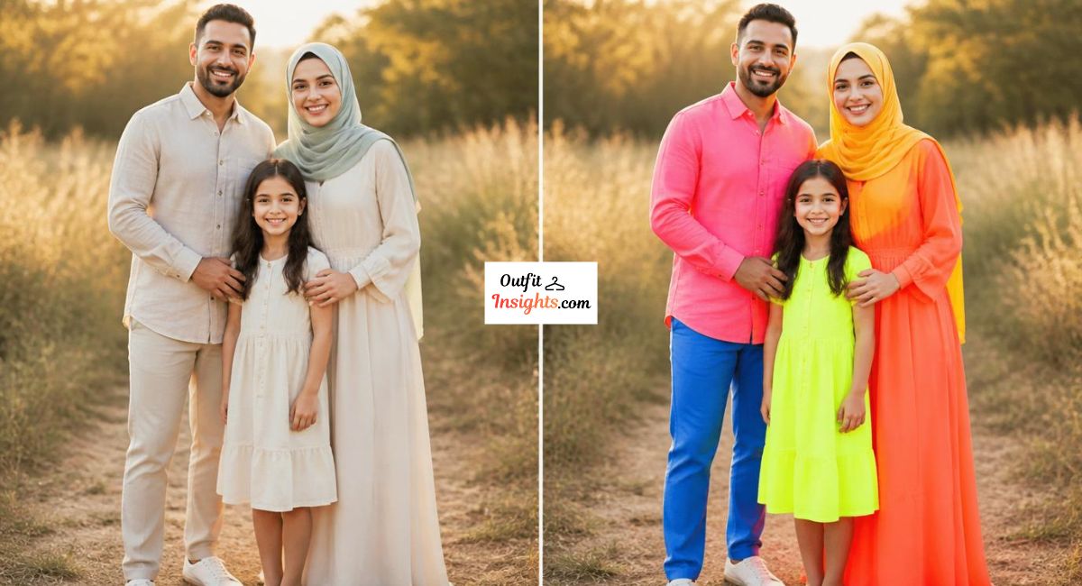 summer family photo color comparison showing soft neutrals and muted tones versus bright saturated clothing in outdoor photography