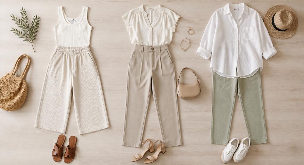 flat lay of three summer outfits cropped wide leg pants with tank top straight leg pants with tucked blouse ankle pants with loose linen shirt