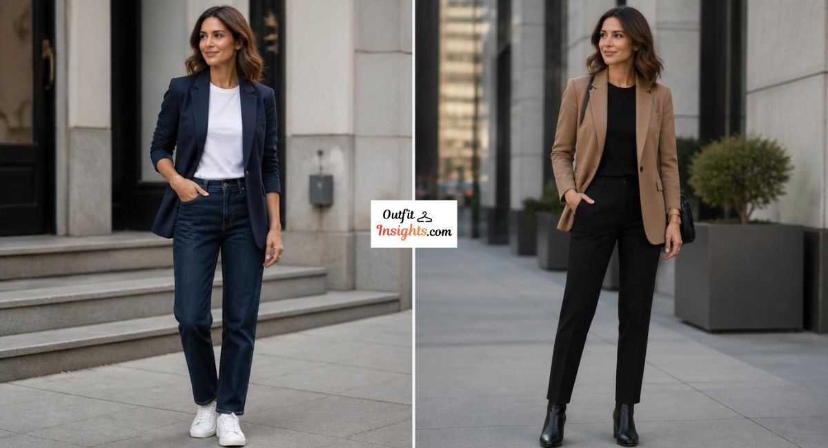Woman styling a fitted T-shirt under a blazer with jeans and tailored trousers in two smart-casual outfit ideas.
