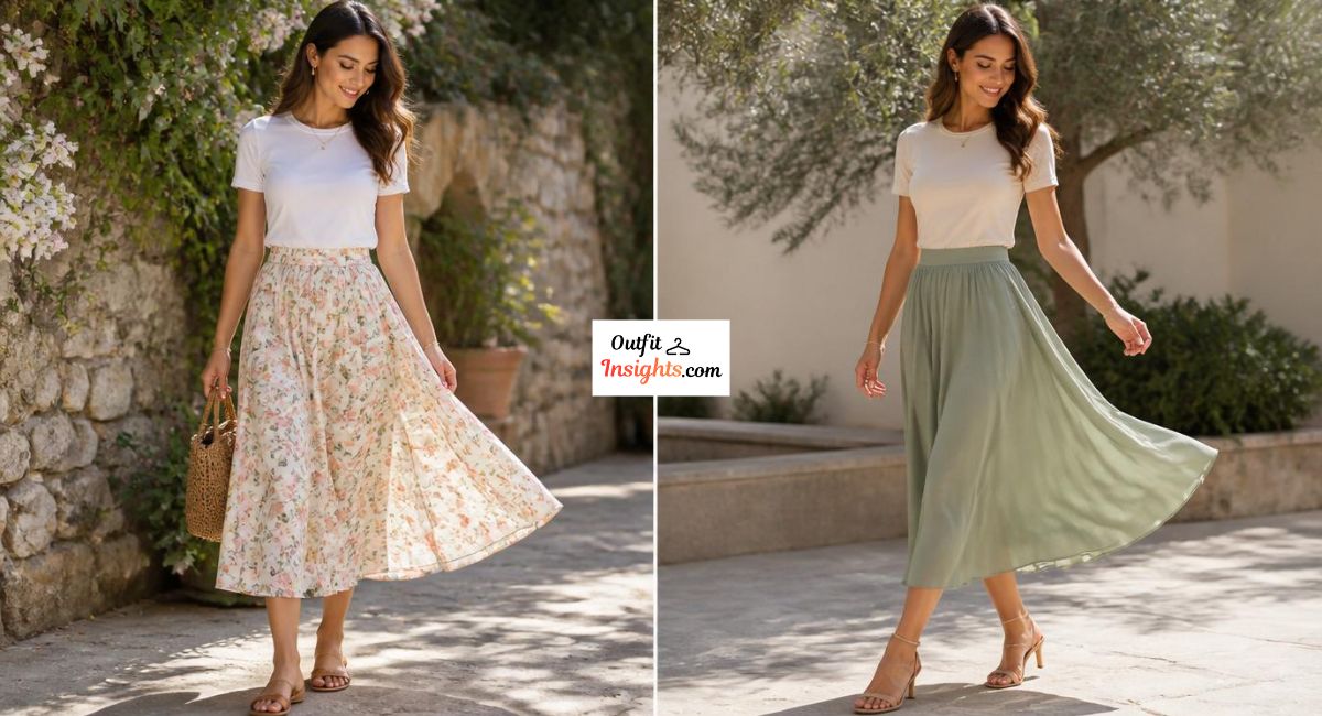 Woman wearing fitted T-shirts styled with floral and solid midi skirts in two feminine outfit combinations.