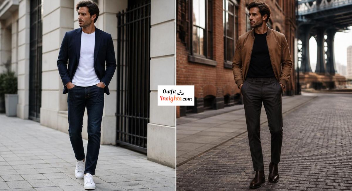Man wearing a fitted T-shirt under a sport coat and a structured jacket in two versatile outfit ideas.