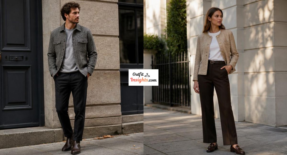 Man and woman wearing T-shirts layered with textured jackets and overshirts to create visual contrast.