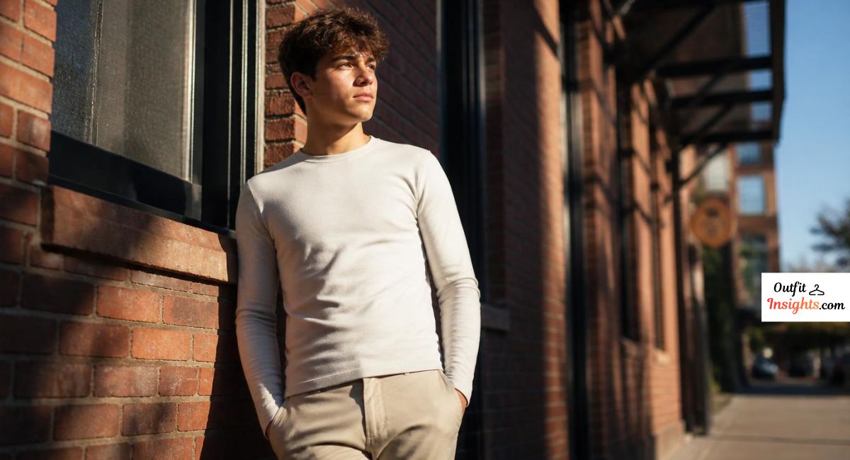 Men senior picture ideas featuring a stylish senior portrait in an urban city location with brick walls and downtown architecture.