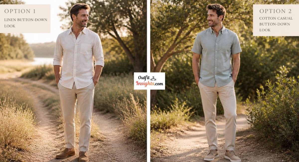 summer family photo outfit ideas for dad showing linen button-down and cotton shirt with chinos in coordinated neutral tones