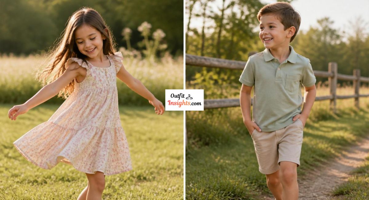 summer family photo outfit ideas for kids showing sundress for girls and polo with chino shorts for boys