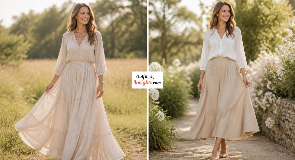 summer family photo outfit ideas for mom showing flowing maxi dress and skirt blouse outfit options in soft neutral tones