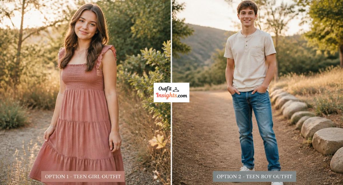 summer family photo outfit ideas for teens showing casual coordinated dress for girls and chinos with shirt for boys