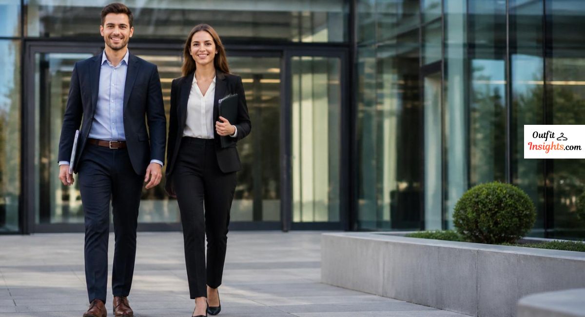 what to wear for a job interview featuring professional interview outfits for men and women outside a modern office building