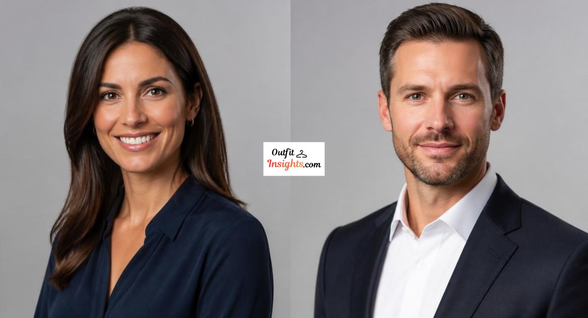 what to wear for a professional headshot featuring professional male and female corporate outfits in a studio headshot session