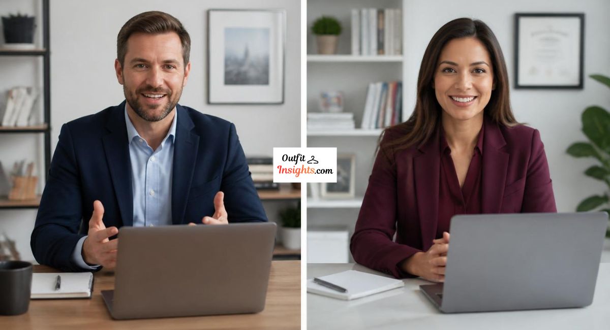 what to wear for a job interview during a video interview featuring professional outfits for men and women on camera