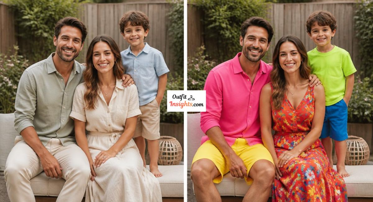 backyard family photo outfit comparison showing coordinated neutral outfits versus mismatched bright colors in casual home setting