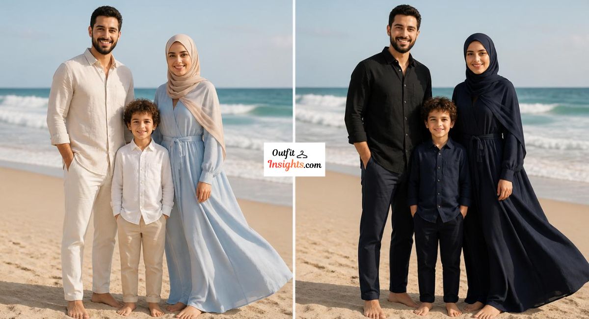beach family photo outfit comparison showing light neutral coastal colors versus dark clothing in summer beach photography