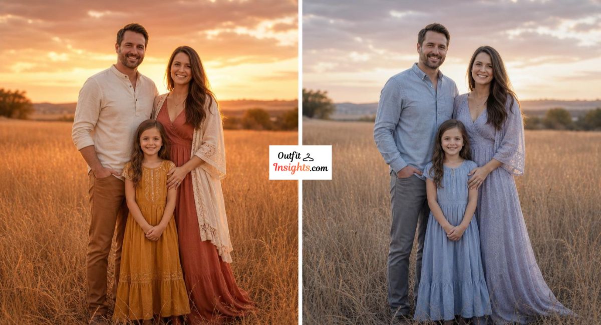 golden field family photo comparison showing warm earth tones versus cool tones in summer sunset photography
