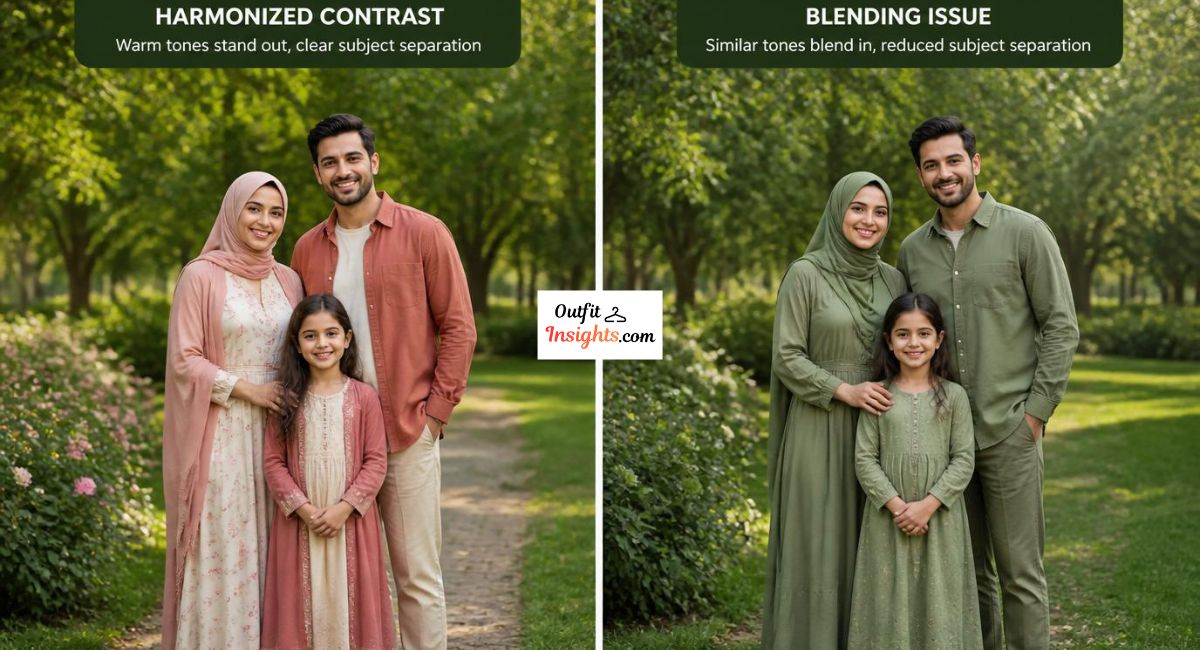 park family photo outfit comparison showing warm tones versus green clothing blending into garden background
