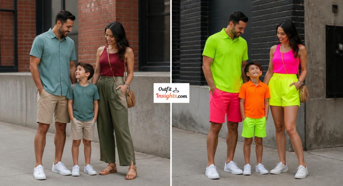 urban family photo outfit comparison showing muted jewel tones versus neon colors in city background photography