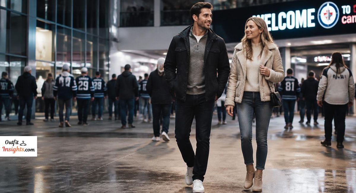 what to wear to a hockey game featuring stylish layered outfits for men and women attending a hockey arena