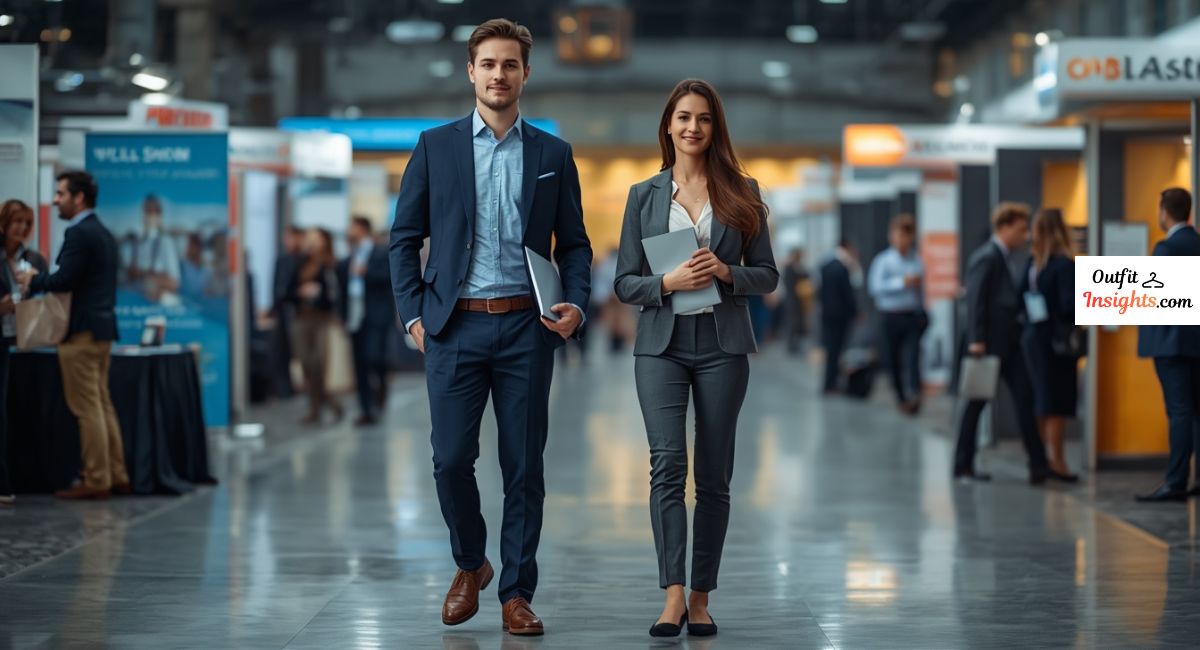 what to wear for a job interview at a job fair featuring professional business casual outfits for men and women