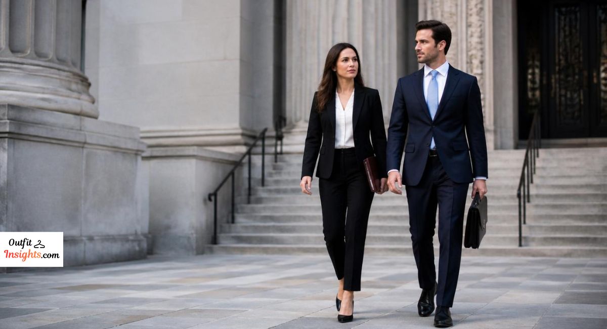 what to wear to court featuring appropriate courtroom attire for men and women outside a courthouse