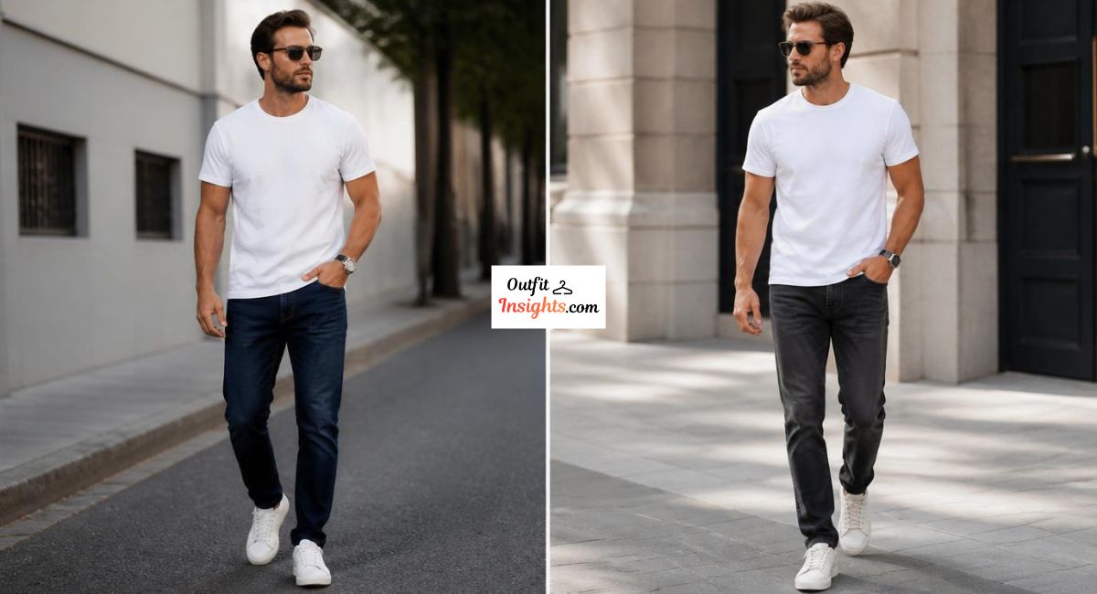 Man wearing a white T-shirt with dark jeans and clean sneakers in two classic casual outfit variations.