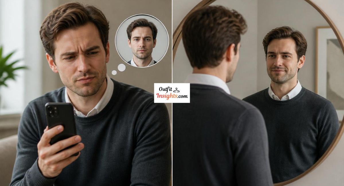 A simple visual for why you hate photos of yourself showing a mirror reflection versus a photograph side by side, or someone looking into a mirror