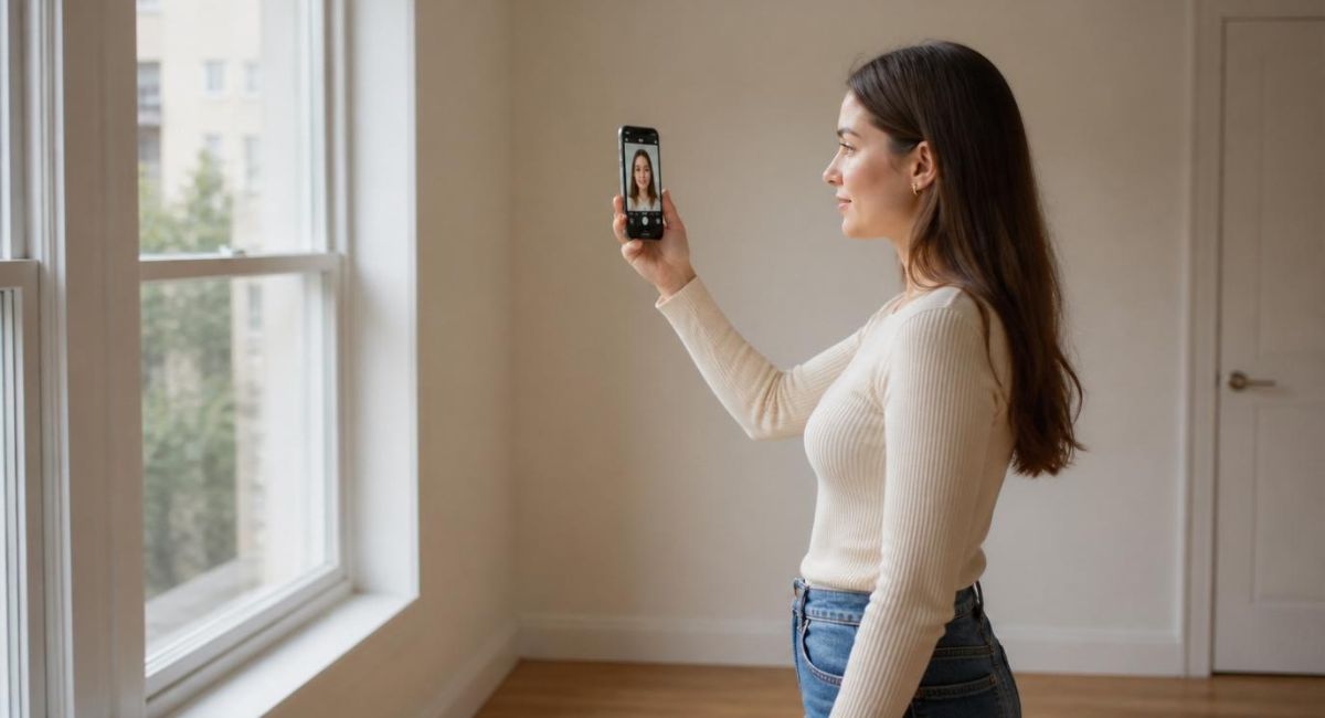 how to take good close up pictures on iphone - woman standing near window holding phone at eye level
