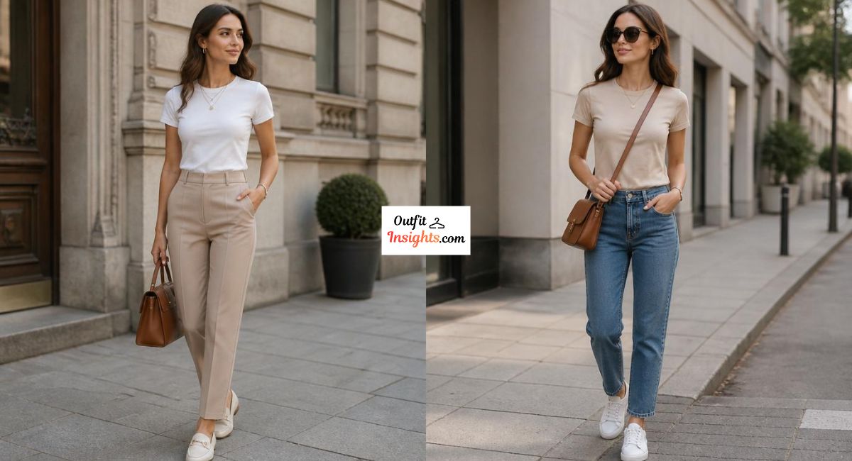 Woman styling basic T-shirt outfits with necklaces, handbags, earrings, and sunglasses in two accessory combinations.
