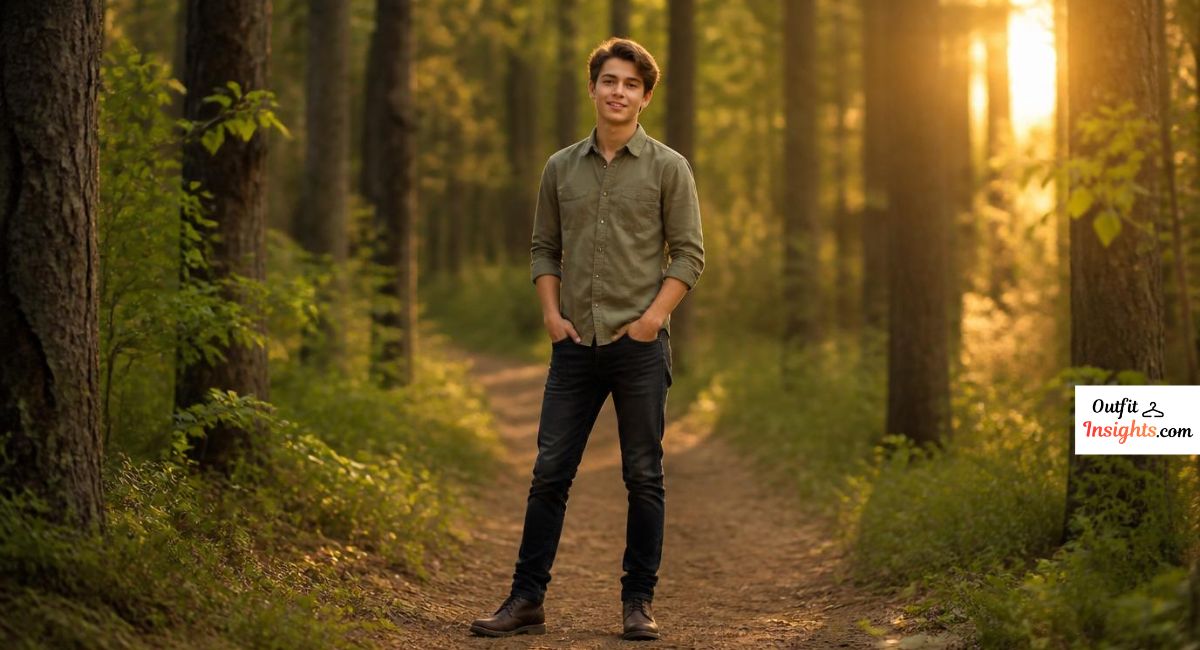 Men senior picture ideas showing a senior portrait in a wooded outdoor setting with natural light and forest scenery.